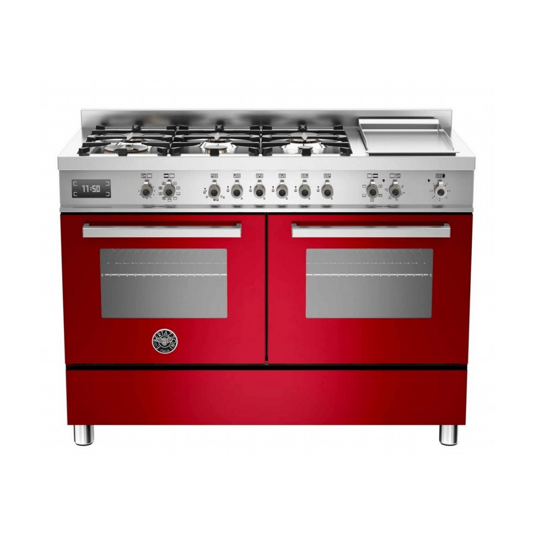 Fogão Bertazzoni Professional 6 bocas ventilado duplo, inox escovado e vermelho, 120 cm, 6 queimadores a gás.